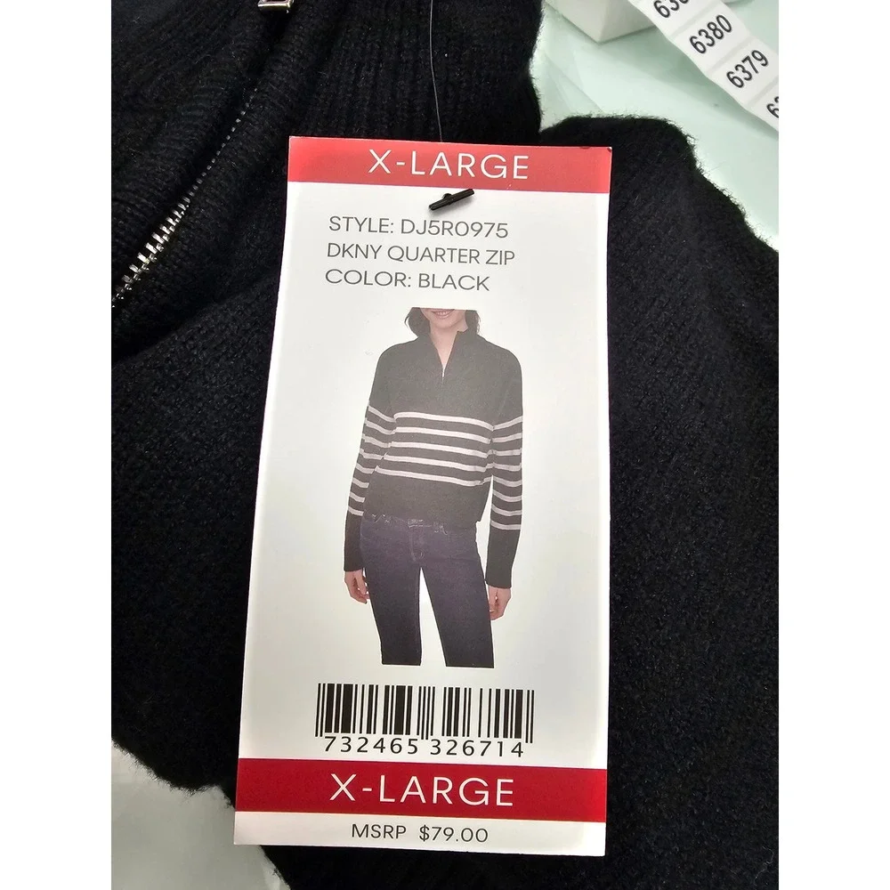 DKNY Womens Quarter Zip Pullover Sweater Black Rayon Blend Casual Size XL